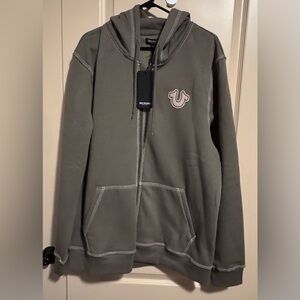 True Religion Mens Olive Zip Up Long Sleeve Pockets Fleece Hoodie Size 2XL